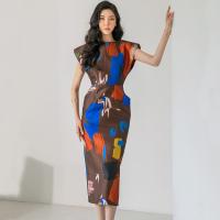 Polyester Waist-controlled & Slim Sexy Package Hip Dresses back split printed brown PC