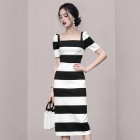 Polyester Waist-controlled & Slim Sexy Package Hip Dresses slimming printed striped black PC