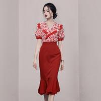 Polyester Waist-controlled & scallop Two-Piece Dress Set & breathable stretchable shivering red Set