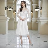 Polyester Soft Long Evening Dress see through look & mid-calf Solid white PC