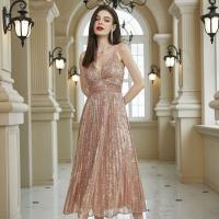 Sequin & Polyester Waist-controlled Long Evening Dress deep V Solid gold PC