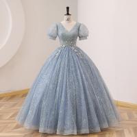 Polyester Plus Size & High Waist Long Evening Dress large hem design patchwork blue PC