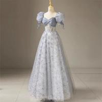 Polyester Plus Size & High Waist Long Evening Dress large hem design printed gray PC