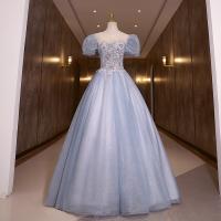 Polyester Slim & Plus Size Long Evening Dress large hem design embroidered blue PC
