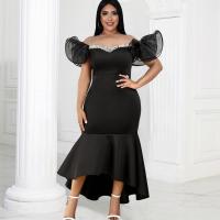 Polyester Waist-controlled & Plus Size Sexy Package Hip Dresses & short front long back & off shoulder iron-on Solid black PC