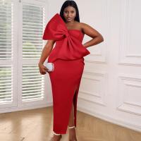 Polyester Waist-controlled Sexy Package Hip Dresses side slit & off shoulder Solid red PC