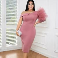 Polyester Waist-controlled Sexy Package Hip Dresses back split & off shoulder Solid pink PC