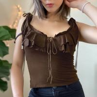 Polyester Slim Women Short Sleeve Blouses & off shoulder stretchable Solid brown PC