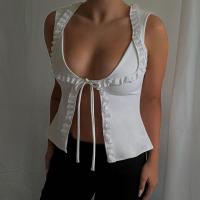 Polyester lace Women Sleeveless T-shirt deep V & breathable Solid white PC