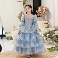 Sequin & Polyester Princess Girl One-piece Dress Cute & large hem design printed Solid blue PC