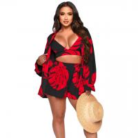 Polyester Lady Sexy Suit deep V & three piece & loose & breathable printed leaf pattern Set
