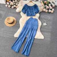 Polyester High Waist Women Casual Set two piece Wide Leg Trousers & top Solid : Set