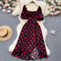 Polyester Waist-controlled & front slit One-piece Dress slimming dot : PC