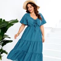 Polyester Waist-controlled & Plus Size One-piece Dress & breathable Solid blue PC