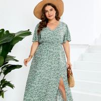Polyester Waist-controlled & Soft & Plus Size One-piece Dress side slit printed shivering green PC