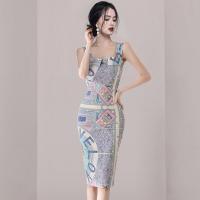Polyester Waist-controlled & Slim Sexy Package Hip Dresses slimming printed blue PC