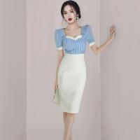 Polyester Waist-controlled & Slim Sexy Package Hip Dresses & breathable printed striped blue PC