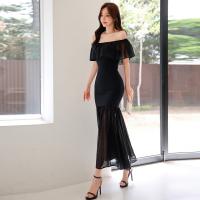 Polyester Waist-controlled Sexy Package Hip Dresses see through look & off shoulder Solid black PC