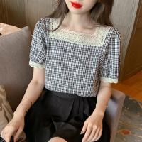 Polyester Soft Women Short Sleeve Shirt & loose & breathable plaid black PC