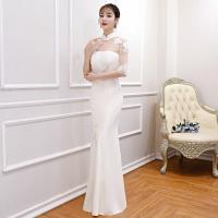 Polyester Waist-controlled & floor-length Long Evening Dress see through look embroider Solid white PC