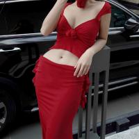 Polyester Slim Two-Piece Dress Set midriff-baring & deep V & two piece stretchable Solid Set