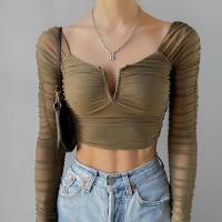 Polyester Crop Top Women Long Sleeve T-shirt see through look & skinny stretchable Solid green PC