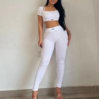 Polyester Crop Top Women Casual Set slimming Long Trousers patchwork letter white and black Set