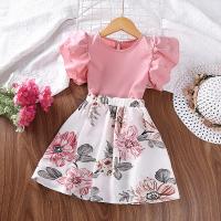 Polyester Slim Girl Clothes Set & two piece skirt & top printed floral pink Set