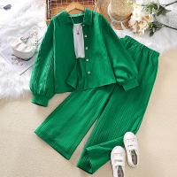 Polyester Slim Girl Clothes Set & two piece Pants & top patchwork Solid green Set