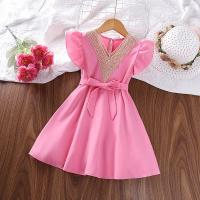 Polyester Slim & Princess Girl Clothes Set large hem design patchwork Solid pink PC