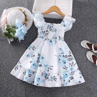Polyester Slim & Princess Girl One-piece Dress printed Others sky blue PC