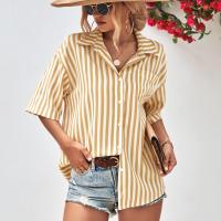 Spandex & Polyester Women Short Sleeve Shirt & loose & with pocket printed striped PC