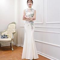 PU Leather Waist-controlled & floor-length Long Evening Dress see through look embroider Solid white PC