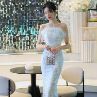 PU Leather & Sequin Waist-controlled & floor-length Long Evening Dress & off shoulder Solid white PC