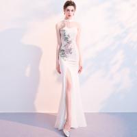 Polyester floor-length & Mermaid Long Evening Dress side slit embroider Solid white PC