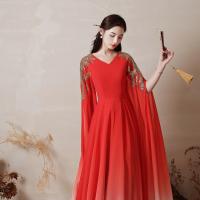 Sequin & Polyester Soft Long Evening Dress large hem design & deep V Solid red PC