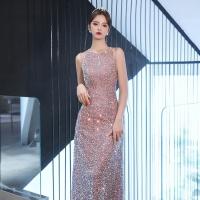 Sequin & Polyester Slim Long Evening Dress backless & off shoulder Solid pink PC