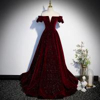 Sequin & Polyester Waist-controlled Long Evening Dress large hem design & deep V Solid wine red PC