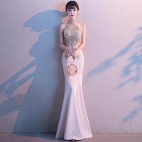 Polyester Waist-controlled & Slim & Mermaid Long Evening Dress & off shoulder embroider Solid champagne PC