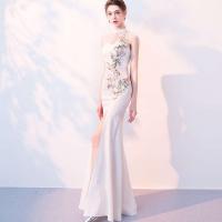 Polyester Waist-controlled & Slim Long Evening Dress side slit embroider Solid PC