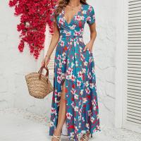 Polyester Waist-controlled One-piece Dress deep V & side slit printed floral blue PC