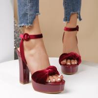Cloth & Rubber & PU Leather chunky High-Heeled Shoes wine red Pair