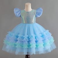 Polyester Princess & Ball Gown Girl One-piece Dress patchwork sky blue PC