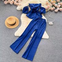 Polyester Waist-controlled Women Casual Set slimming & two piece Wide Leg Trousers & top Solid : Set