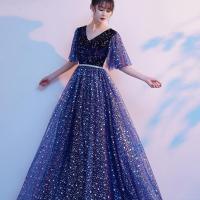 Sequin & Polyester Waist-controlled & floor-length Long Evening Dress deep V Solid blue PC