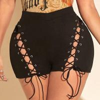 Polyester High Waist Shorts & hollow patchwork Solid black PC
