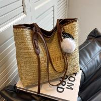 Straw & PU Leather Tote Bag & Easy Matching & Weave Shoulder Bag large capacity & with fur ball letter PC