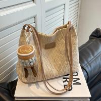 Straw & PU Leather Easy Matching Woven Shoulder Bag with hanging ornament & large capacity PC