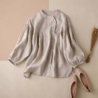 Cotton Linen Plus Size Women Three Quarter Sleeve Shirt & loose patchwork Solid PC