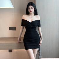 Cotton Slim & High Waist Sexy Package Hip Dresses & off shoulder patchwork Solid PC